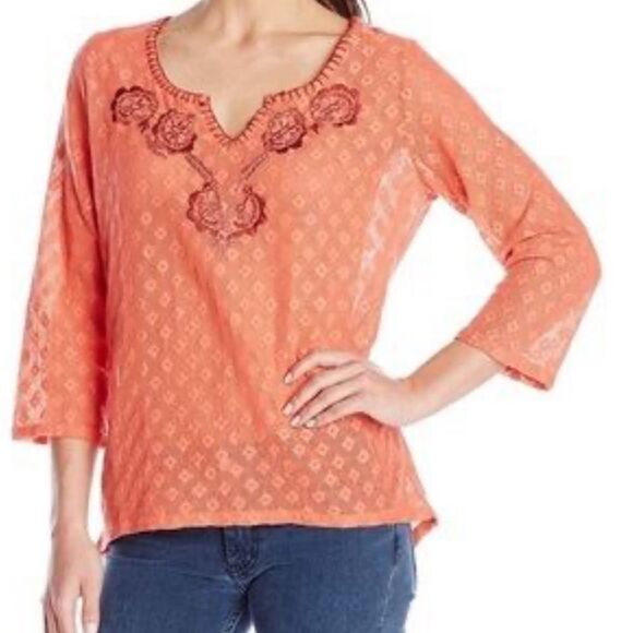 PrAna Winnie orange soft floral lace embroidered split neckline top. Large. - Picture 1 of 7